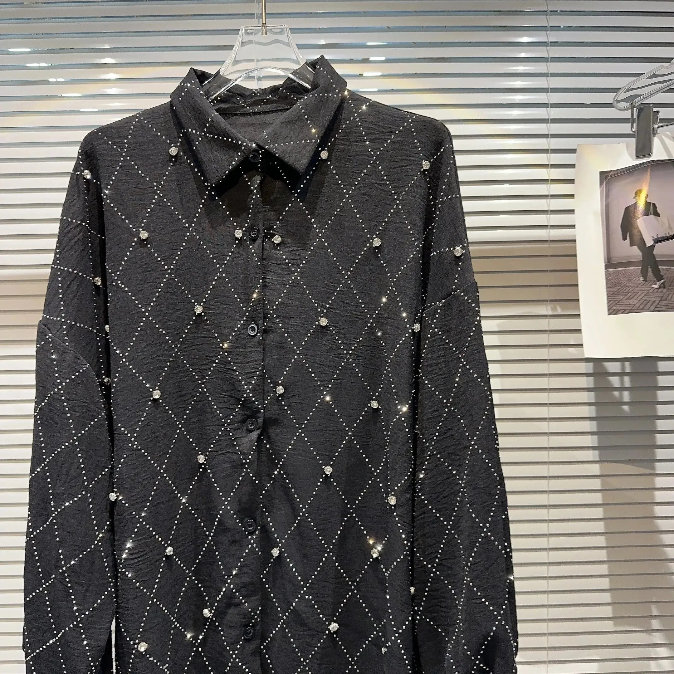 Pre Order:  Lattice Beaded Rhinestones Long Sleeves Top