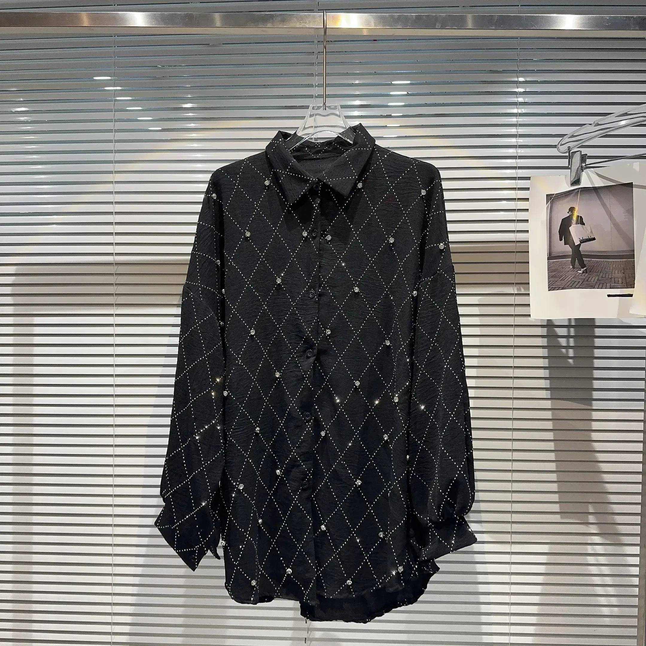 Pre Order:  Lattice Beaded Rhinestones Long Sleeves Top