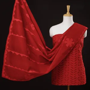 Red - 3pc Barmer Applique Cut Work Cotton Suit Material Set