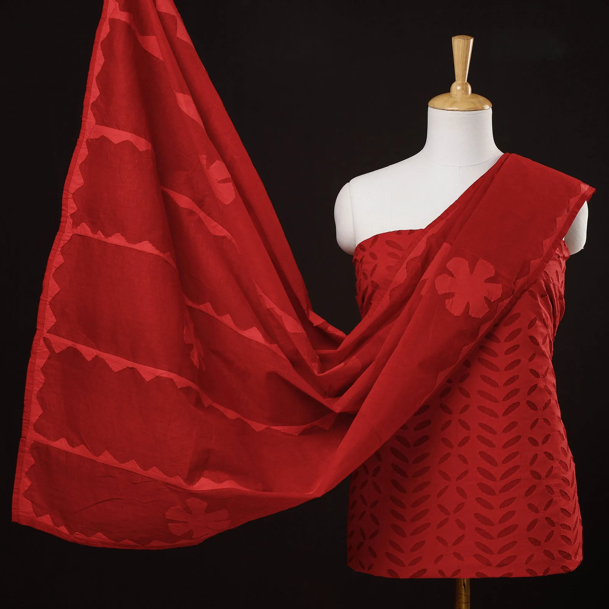 Red - 3pc Barmer Applique Cut Work Cotton Suit Material Set