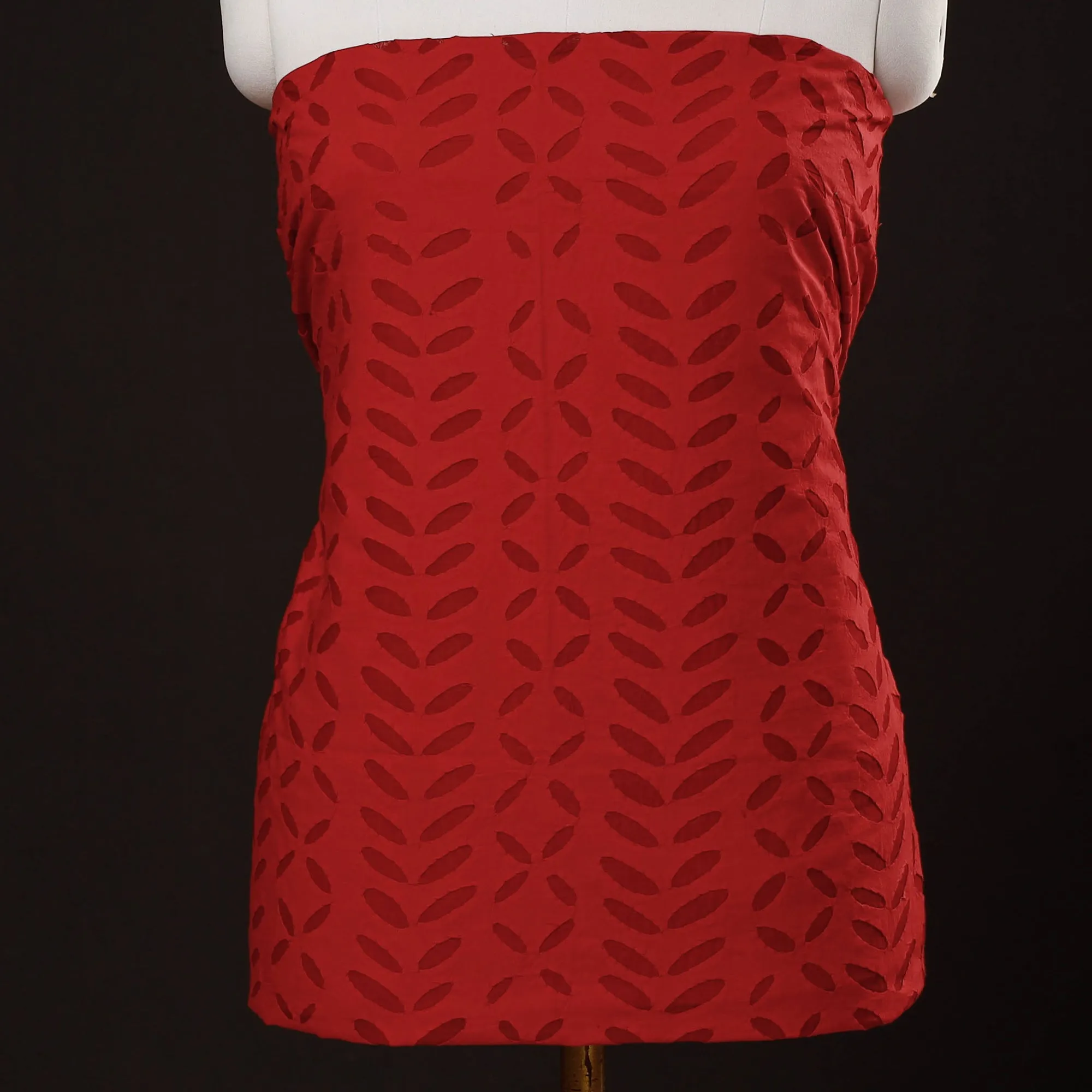 Red - 3pc Barmer Applique Cut Work Cotton Suit Material Set