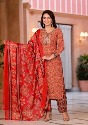 Red Cotton Ethnic Motif Printed Kurta Set With Sequins & Thread Work