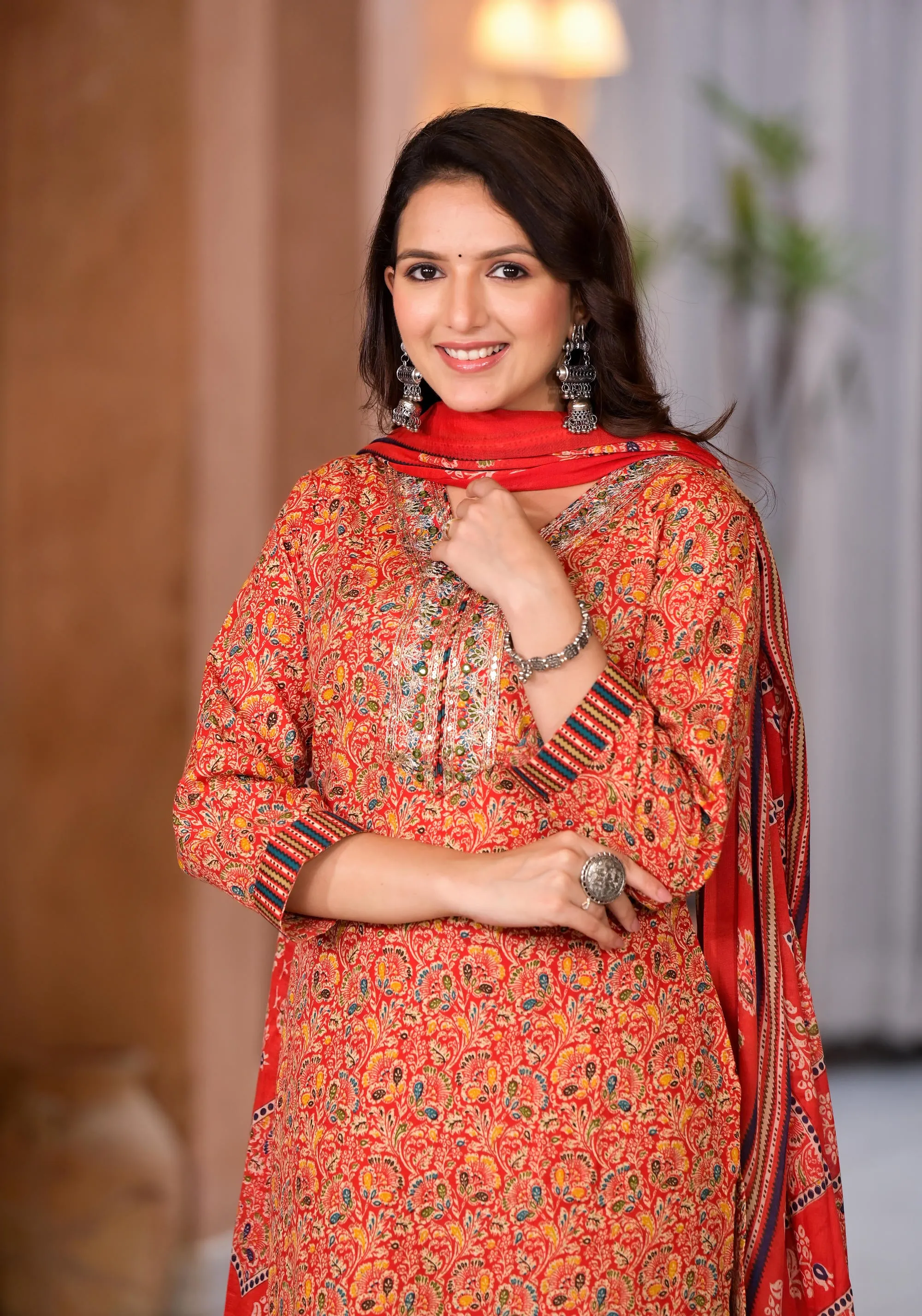 Red Cotton Ethnic Motif Printed Kurta Set With Sequins & Thread Work