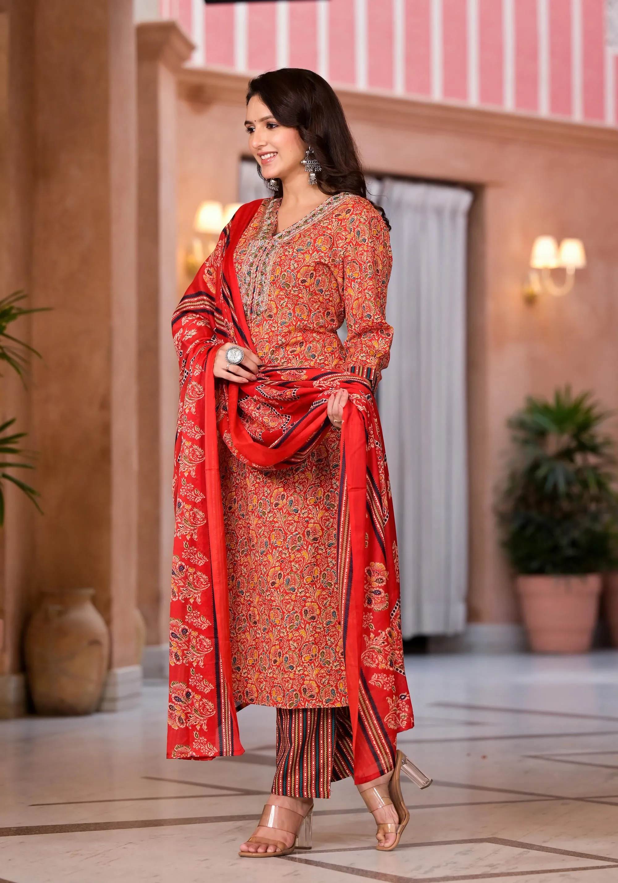 Red Cotton Ethnic Motif Printed Kurta Set With Sequins & Thread Work