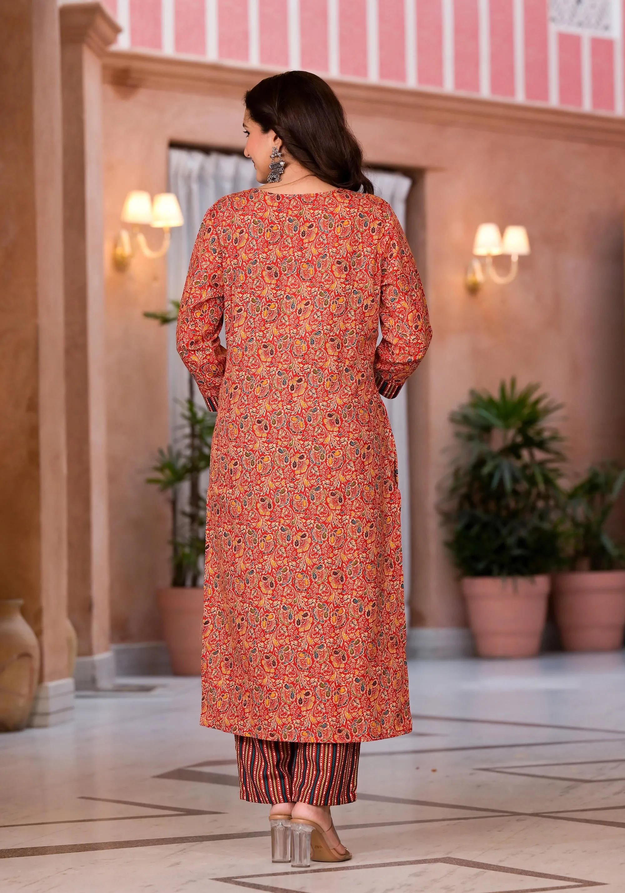 Red Cotton Ethnic Motif Printed Kurta Set With Sequins & Thread Work