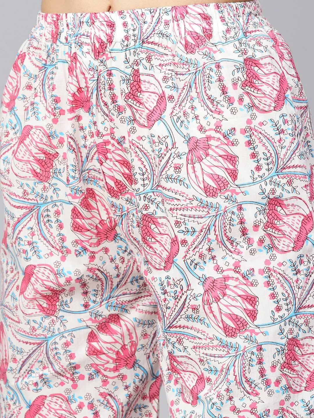 Solid 3/4Th Sleeve Pink Kurta With Printed Shoulder Yoke With Pants & Mul Printed Dupatta