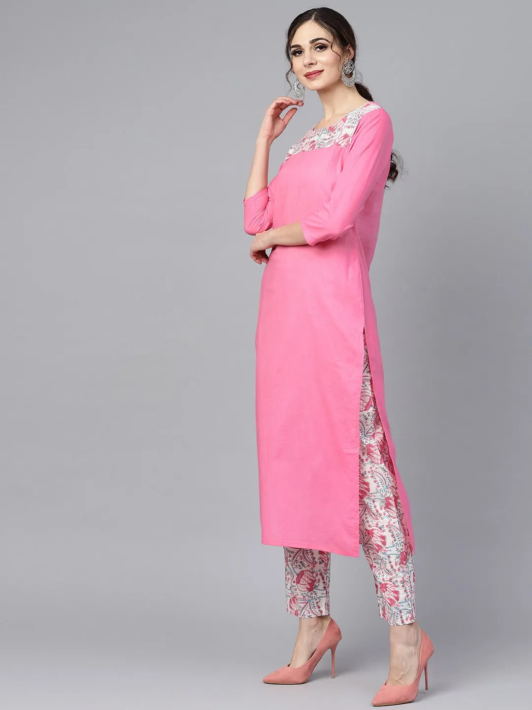 Solid 3/4Th Sleeve Pink Kurta With Printed Shoulder Yoke With Pants & Mul Printed Dupatta