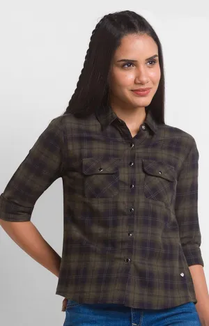Spykar Olive Cotton Full Sleeve Checks Shirts For Women