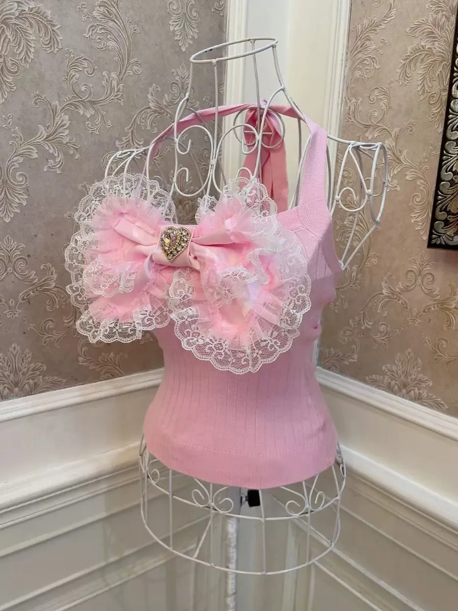 Sweetheart Princess Big Bow Pink Lace Camisole Top