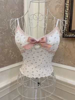 Sweetheart Princess Pink Rim Floral White Camisole Top