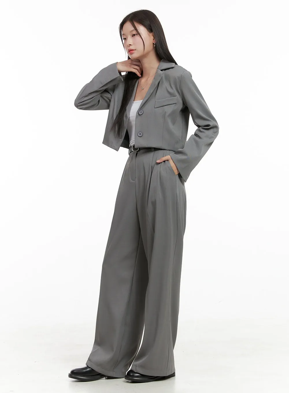 Tailored Pintuck Buttoned Pants and Crop Jacket Set OG416