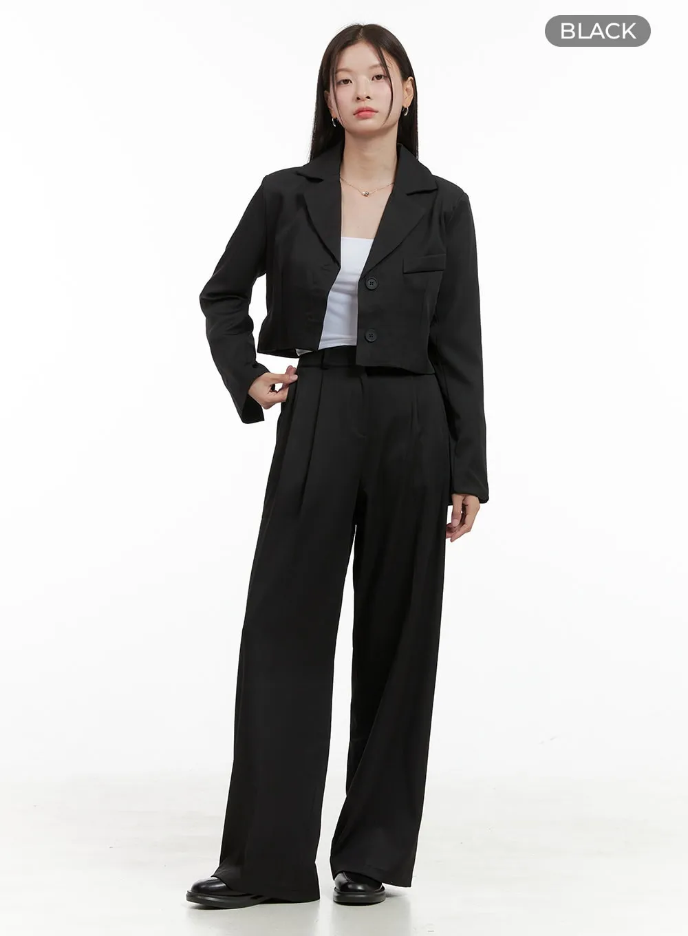 Tailored Pintuck Buttoned Pants and Crop Jacket Set OG416