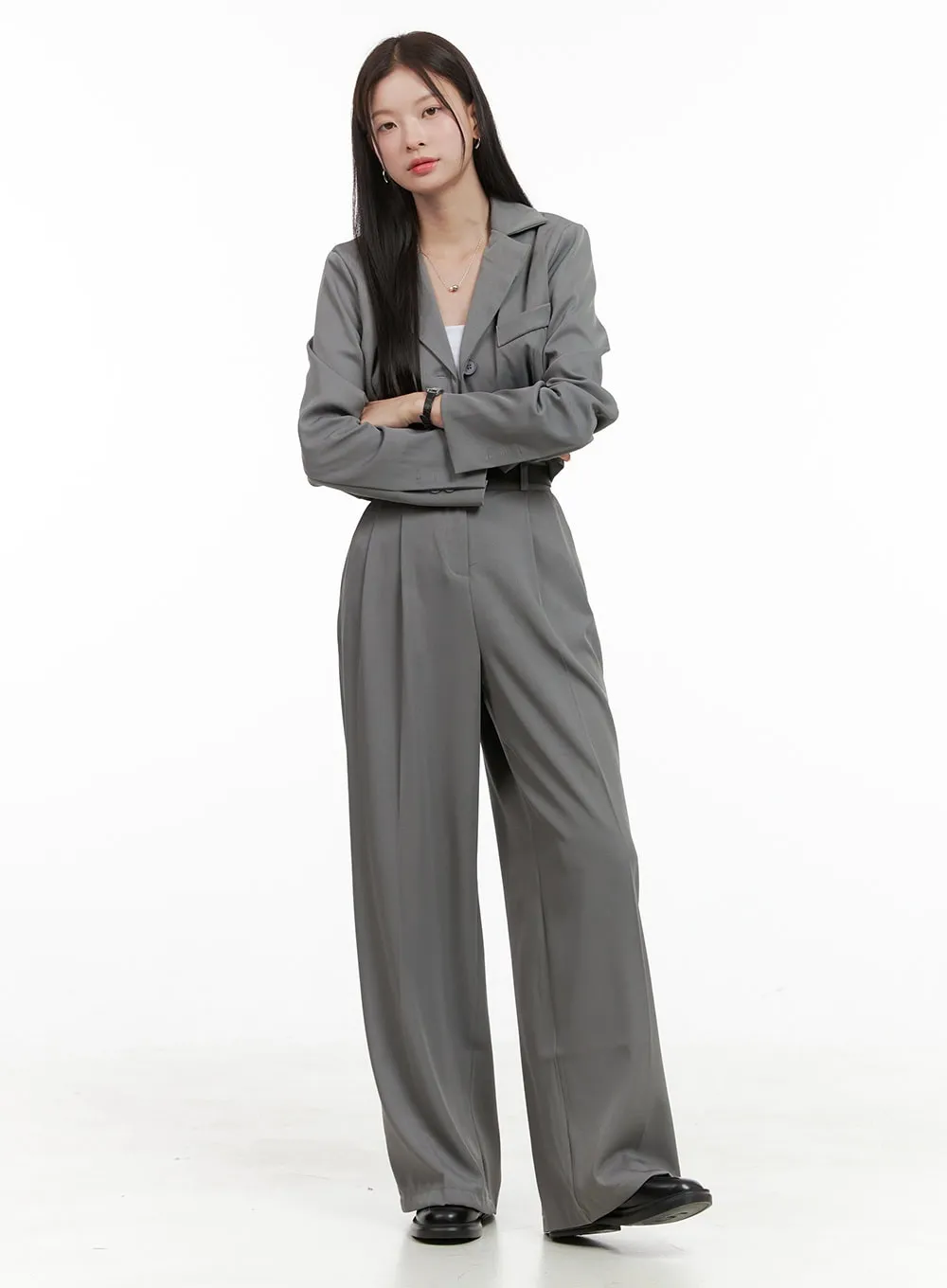 Tailored Pintuck Buttoned Pants and Crop Jacket Set OG416