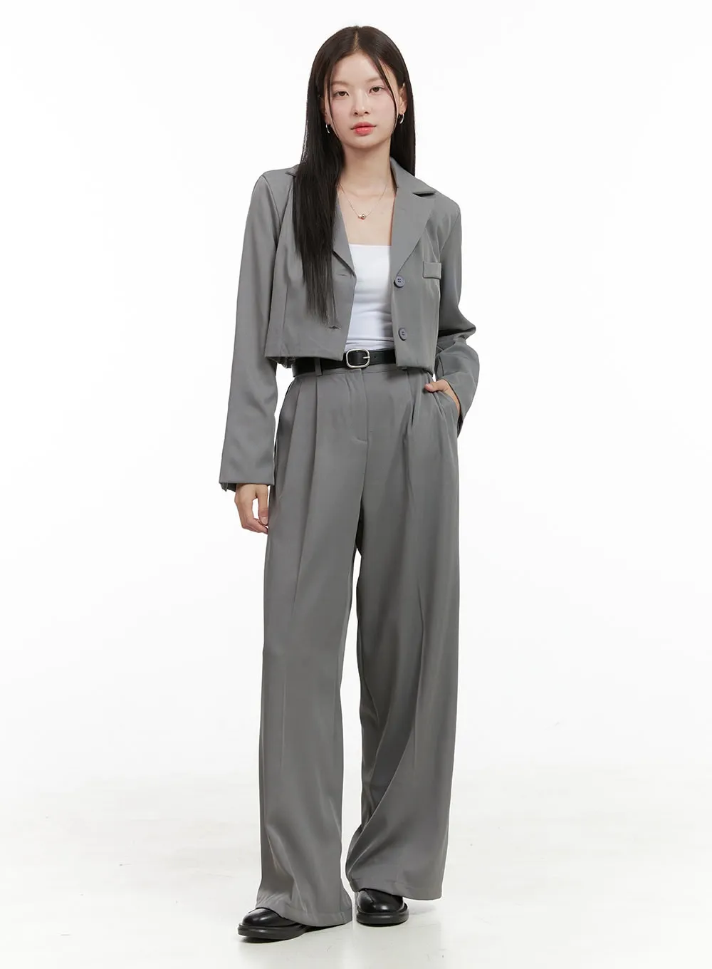 Tailored Pintuck Buttoned Pants and Crop Jacket Set OG416
