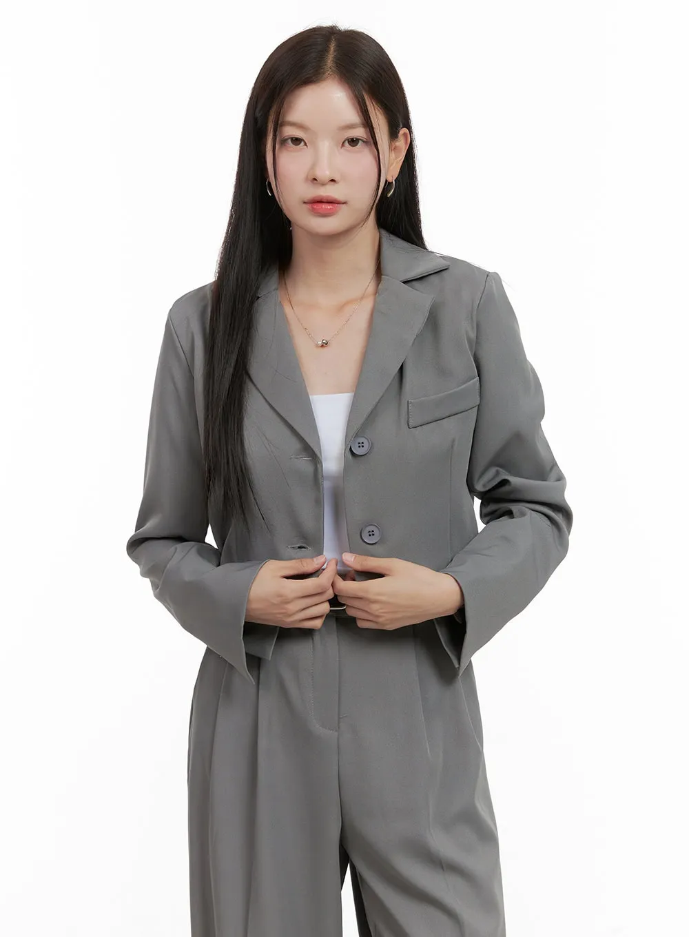 Tailored Pintuck Buttoned Pants and Crop Jacket Set OG416