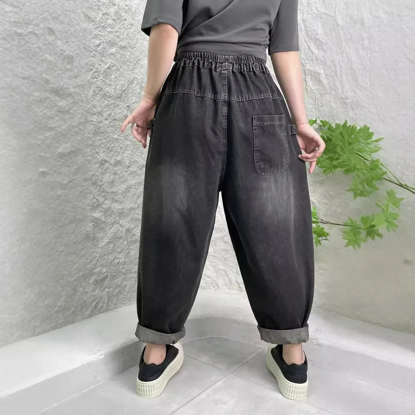 TEEK - Black Distressed Patchwork Pocketed Womens Harem Pants