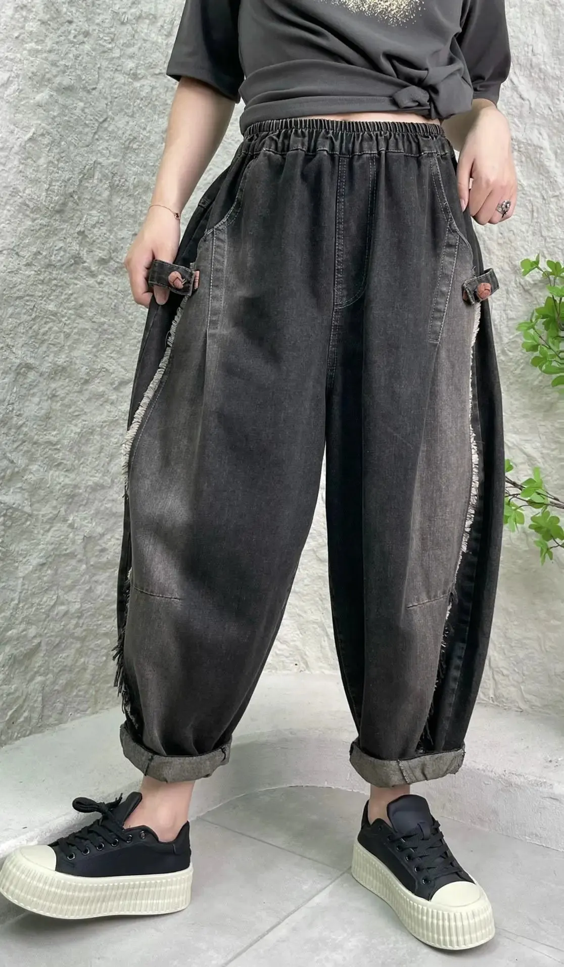 TEEK - Black Distressed Patchwork Pocketed Womens Harem Pants
