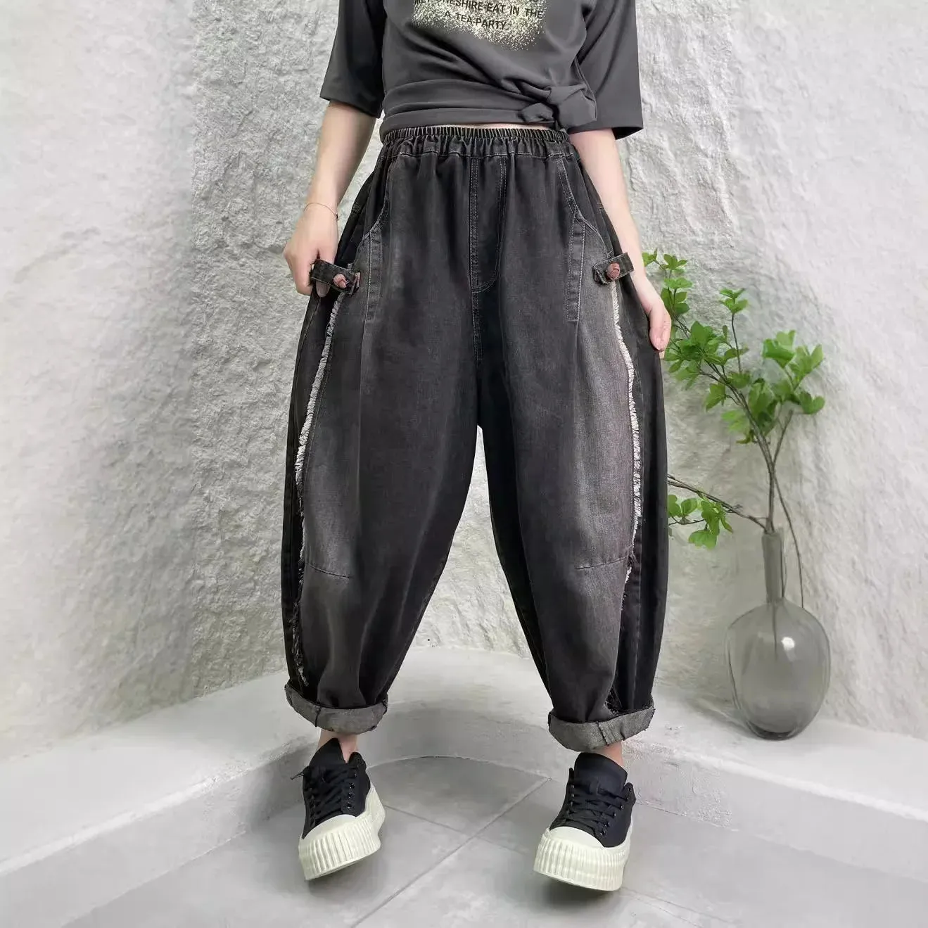 TEEK - Black Distressed Patchwork Pocketed Womens Harem Pants