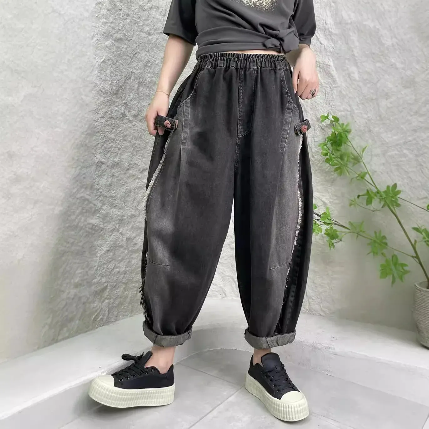 TEEK - Black Distressed Patchwork Pocketed Womens Harem Pants