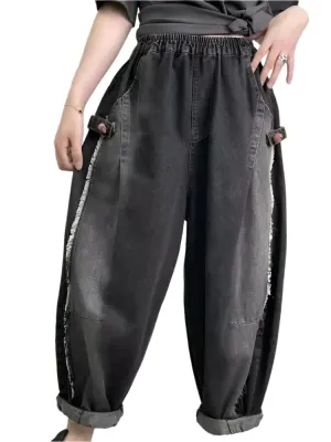 TEEK - Black Distressed Patchwork Pocketed Womens Harem Pants
