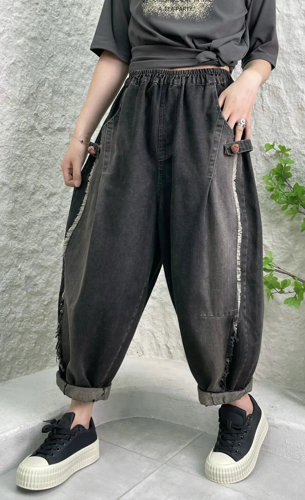 TEEK - Black Distressed Patchwork Pocketed Womens Harem Pants