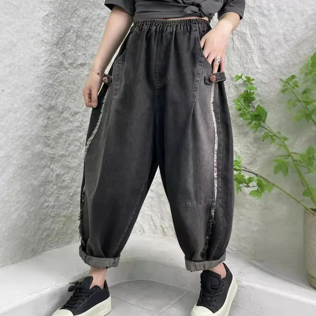 TEEK - Black Distressed Patchwork Pocketed Womens Harem Pants