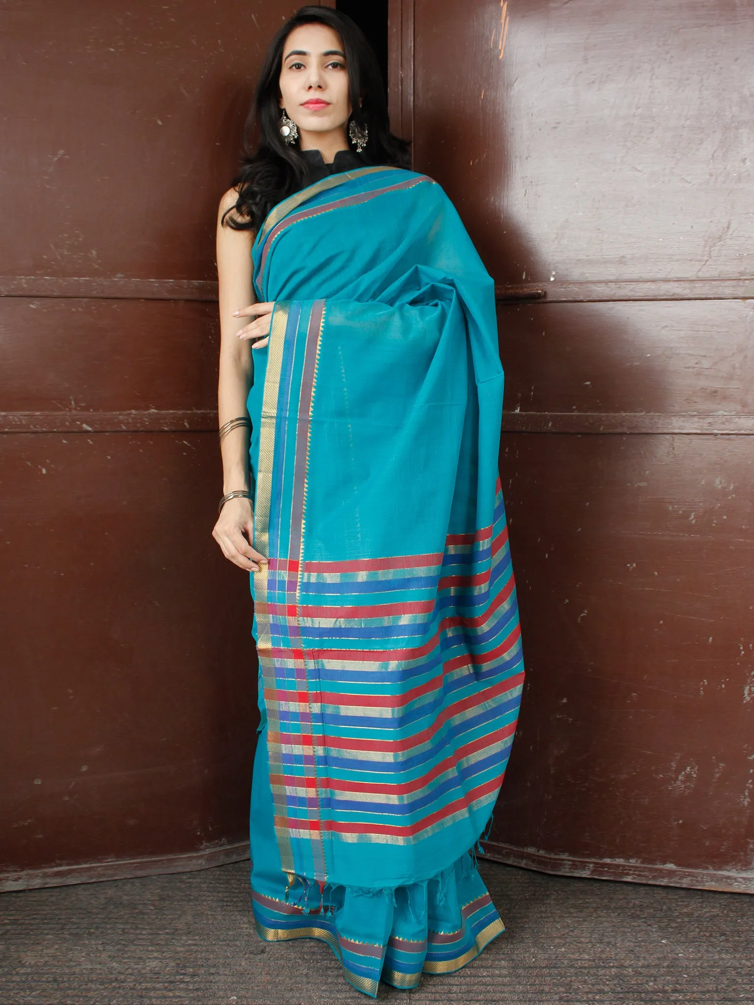 Turquoise Blue Maroon Handloom Mangalagiri Cotton Saree With Zari Border - S031703683