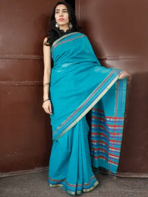 Turquoise Blue Maroon Handloom Mangalagiri Cotton Saree With Zari Border - S031703683