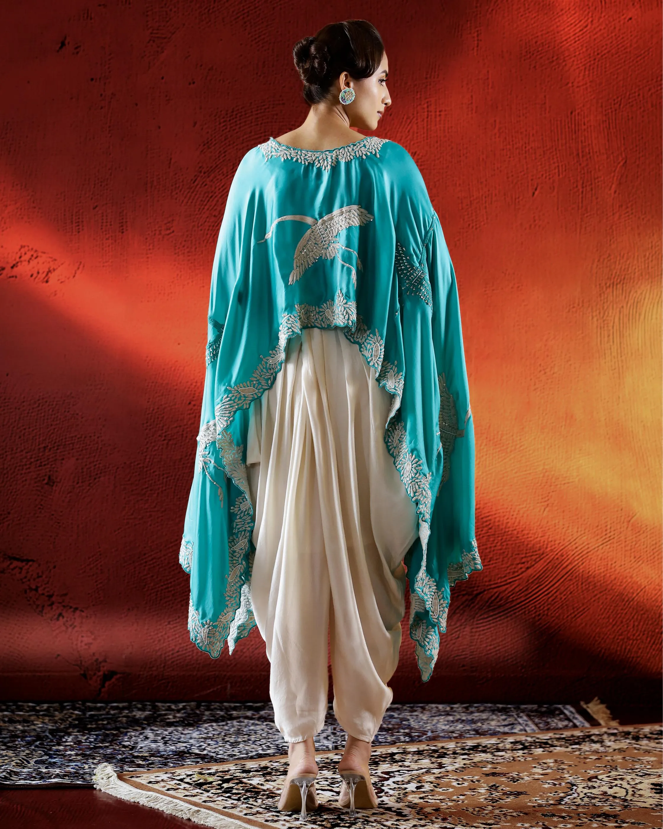 Turquoise Flamingo Embroidered Satin Silk Cape Set