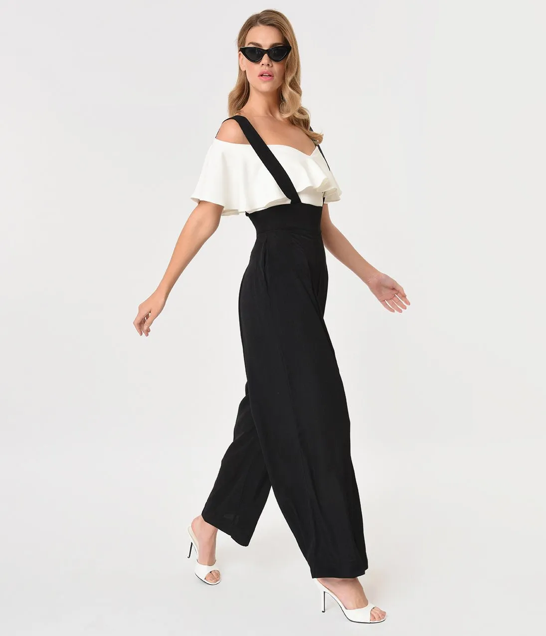 Unique Vintage Black High Waist Wide Leg Rochelle Suspender Pants
