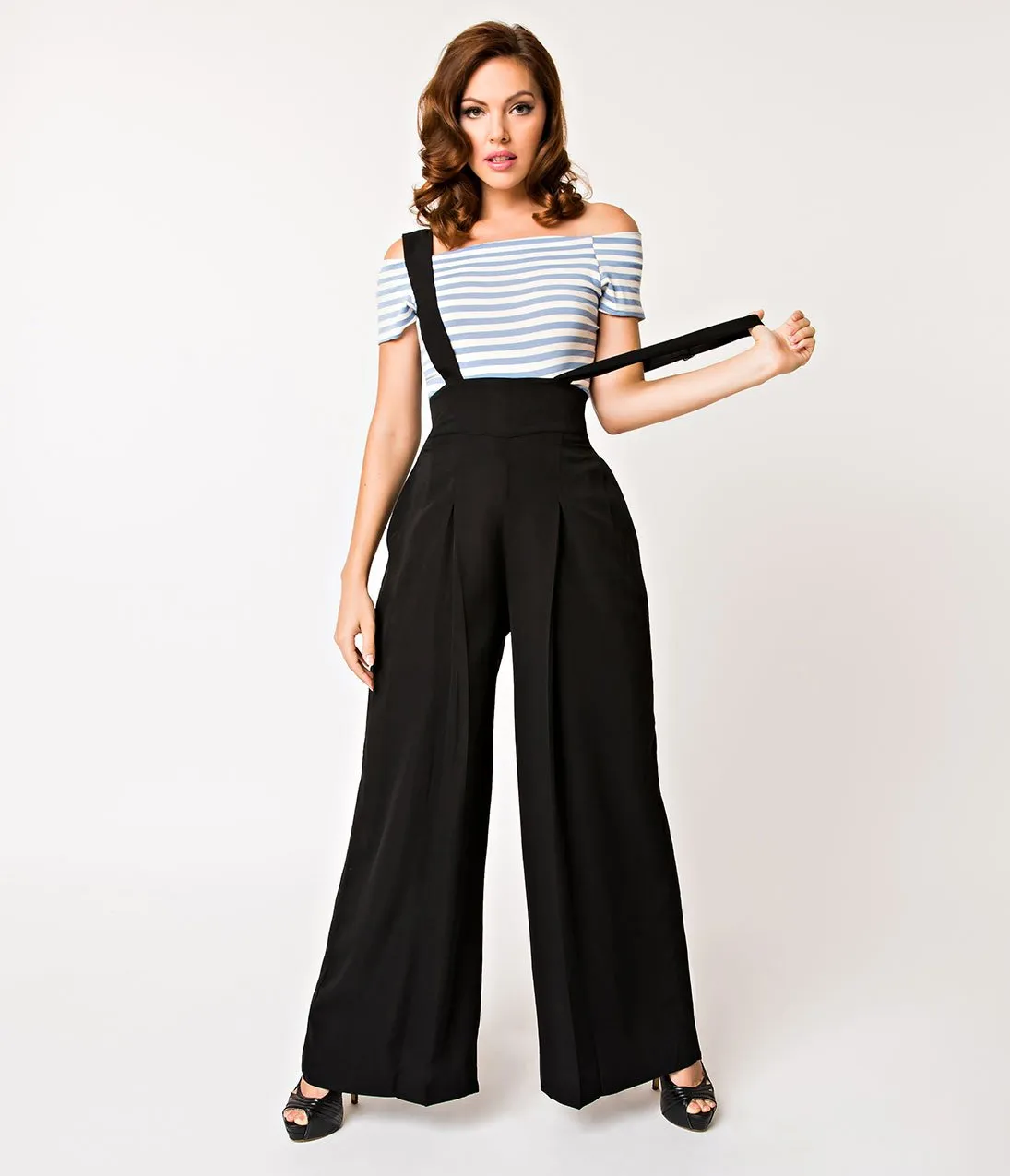 Unique Vintage Black High Waist Wide Leg Rochelle Suspender Pants