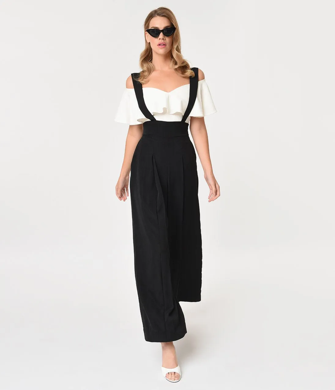 Unique Vintage Black High Waist Wide Leg Rochelle Suspender Pants