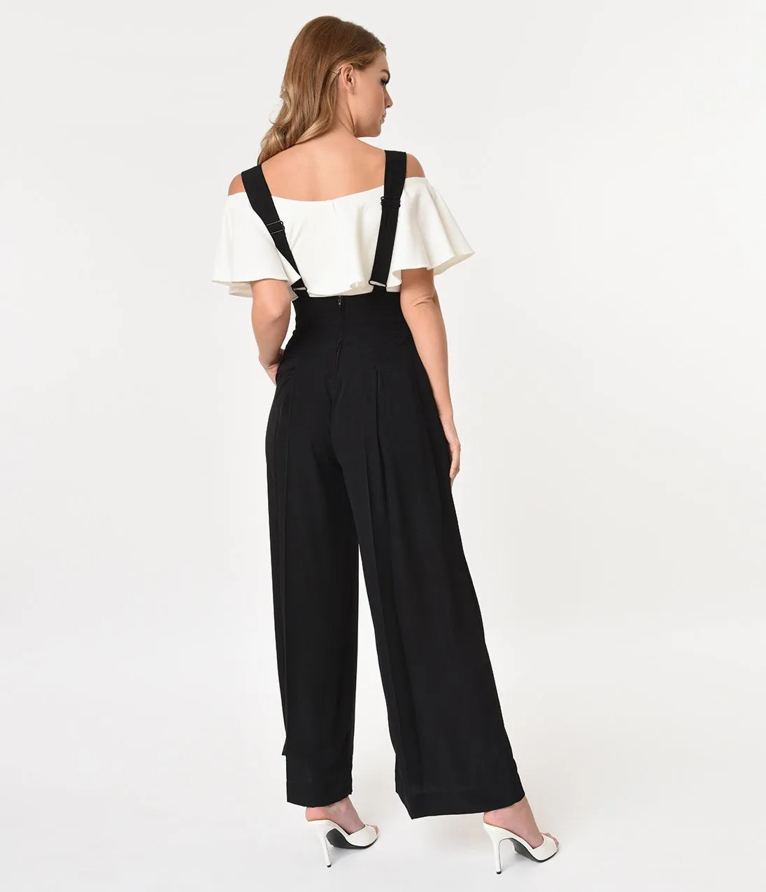 Unique Vintage Black High Waist Wide Leg Rochelle Suspender Pants