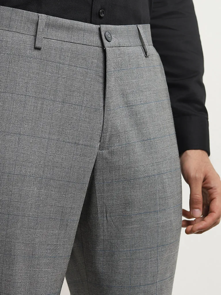 WES Formals Grey Checked Slim-Tapered Mid-Rise Trousers