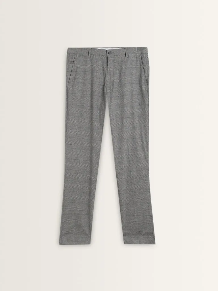 WES Formals Grey Checked Slim-Tapered Mid-Rise Trousers
