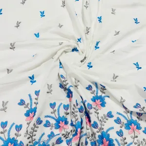 White & Blue Floral Thread Embroidery Cotton Fabric