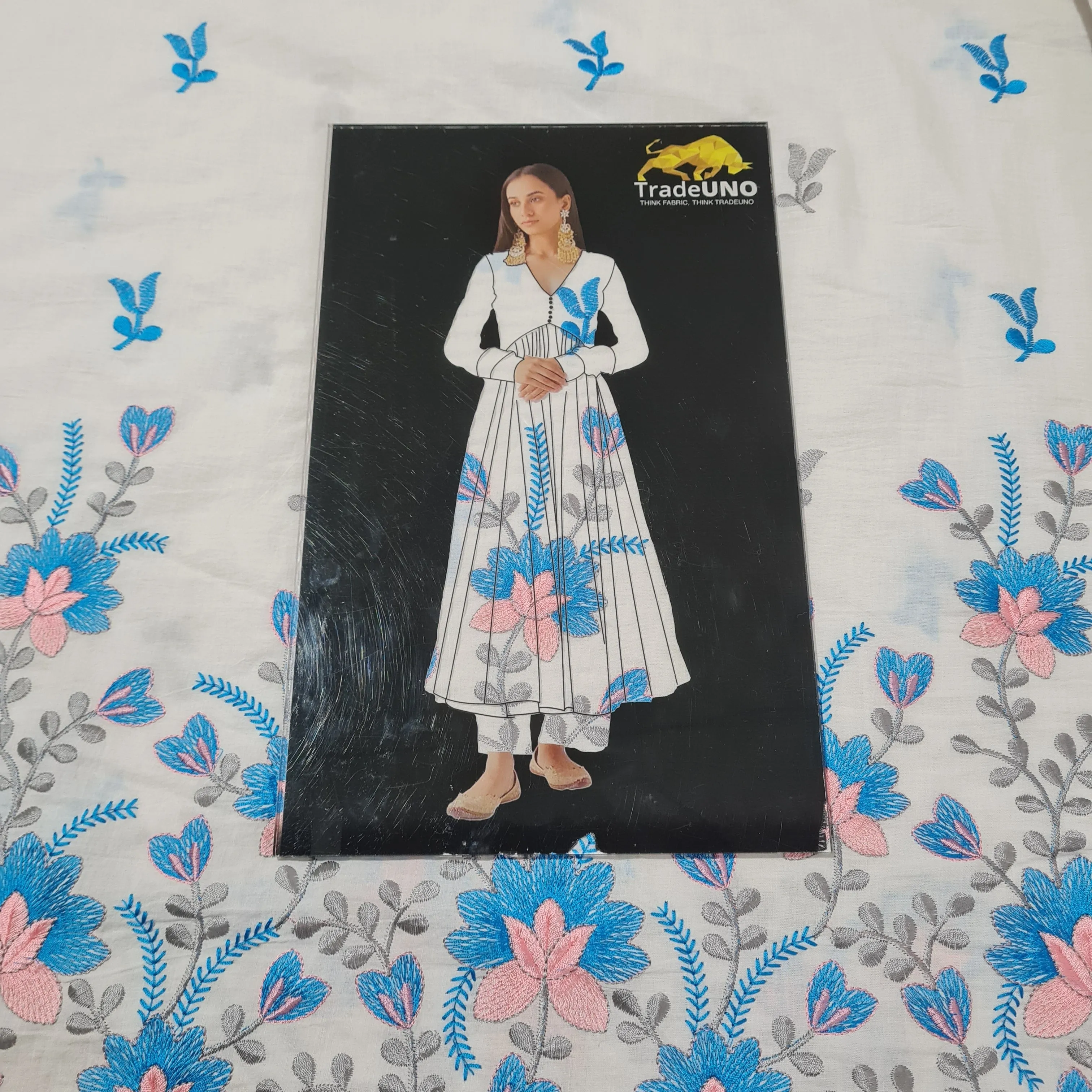 White & Blue Floral Thread Embroidery Cotton Fabric