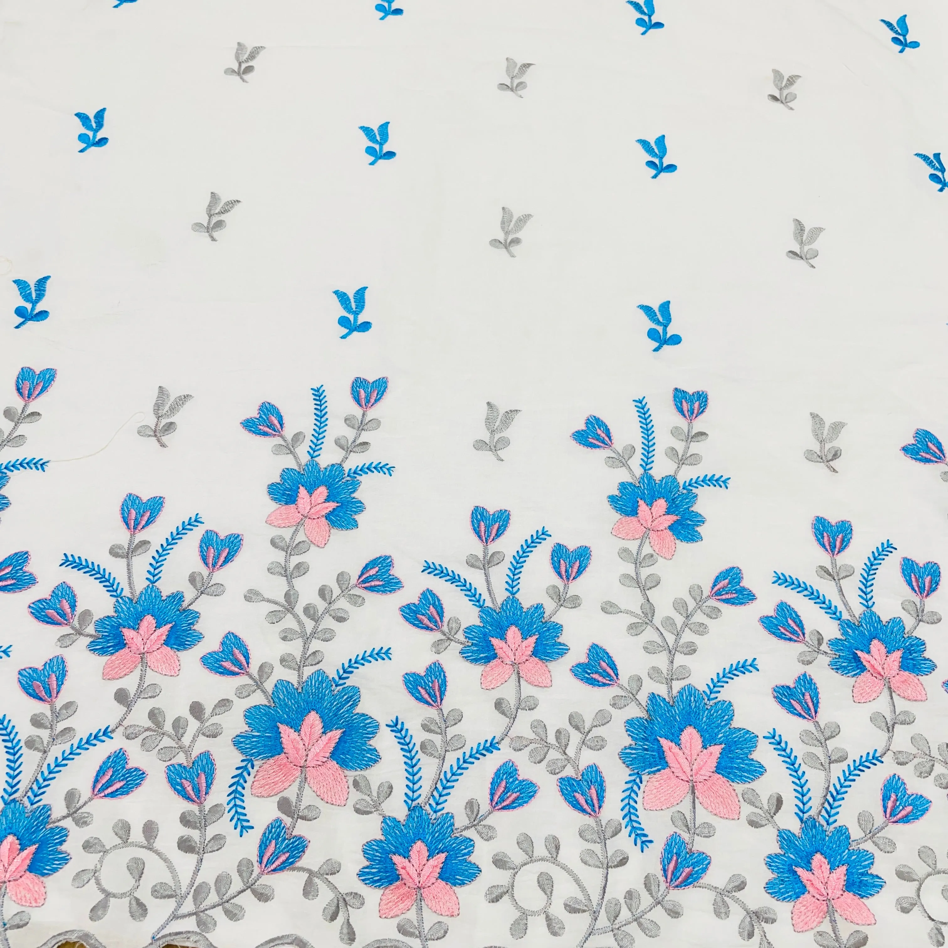White & Blue Floral Thread Embroidery Cotton Fabric