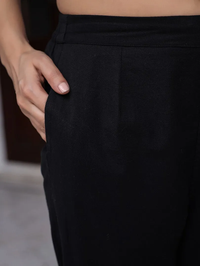 Women Black Cotton Flex Solid Slim Fit Pants