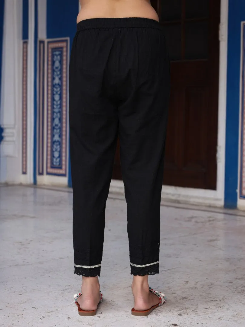 Women Black Cotton Flex Solid Slim Fit Pants