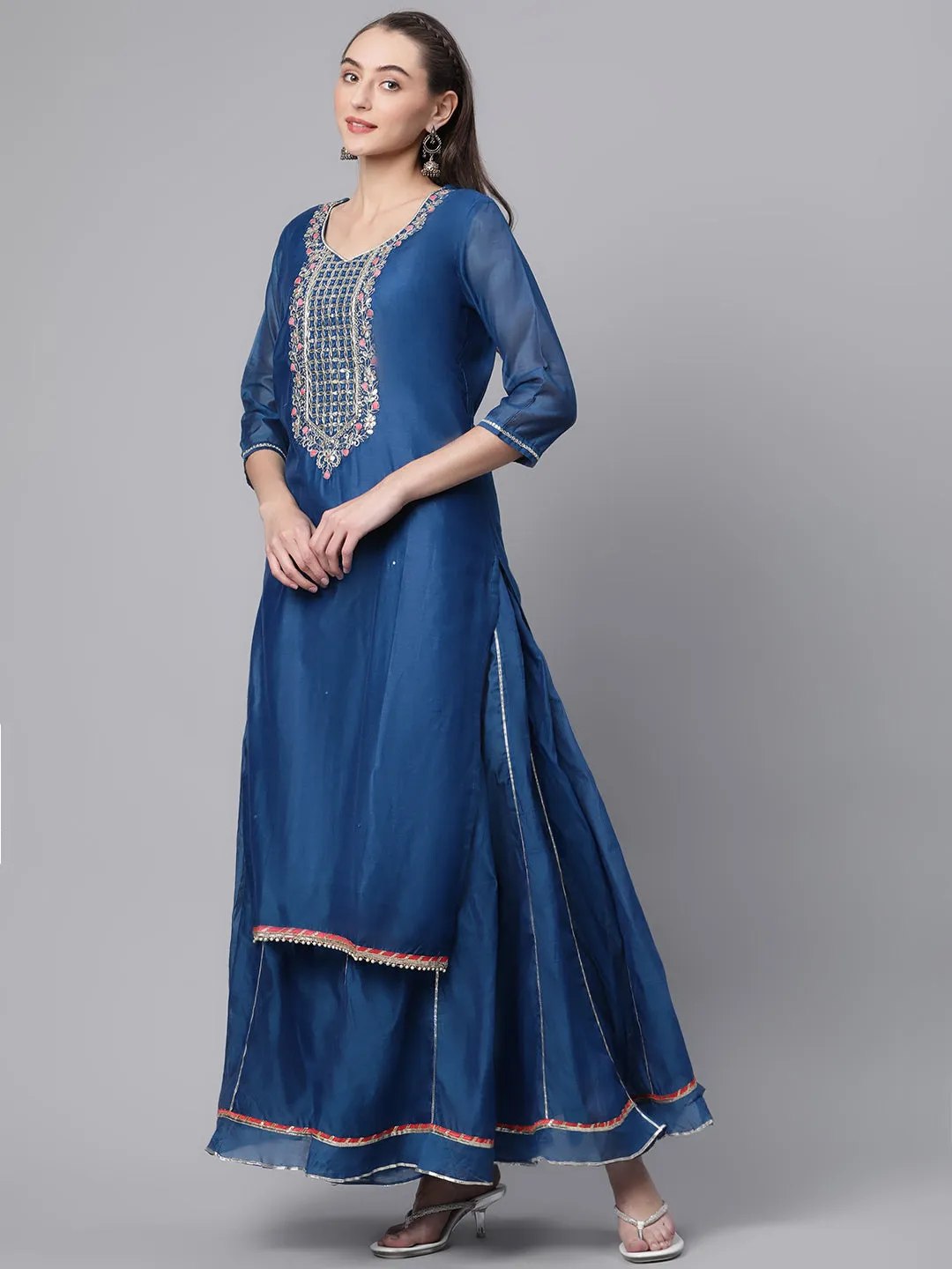 Women Blue Floral Print Chanderi Cotton Kurta Set