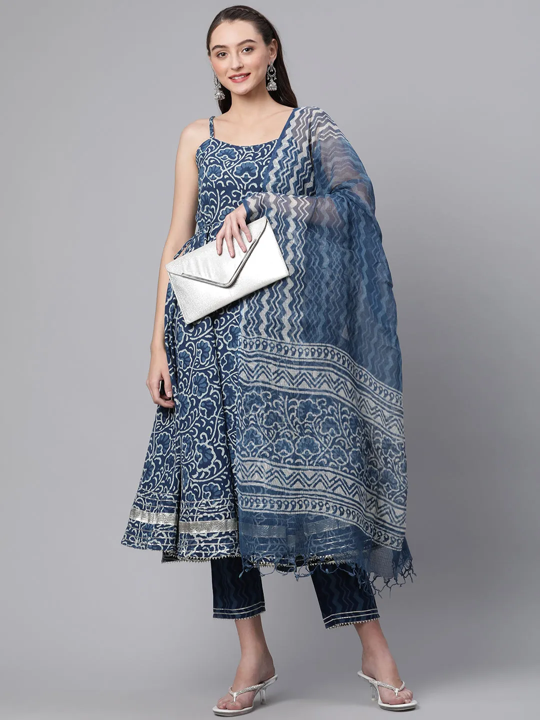Women Indigo Floral Print Cotton Kurta Set