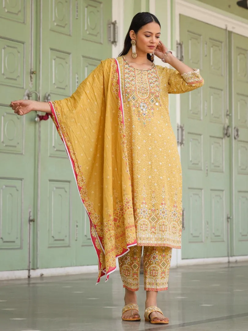 Women Mustard Cotton Cambric Printed Kurta, Pants & Dupatta Set