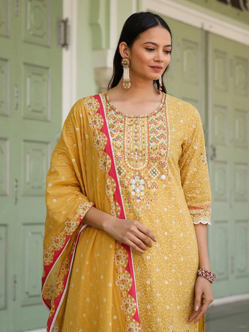Women Mustard Cotton Cambric Printed Kurta, Pants & Dupatta Set
