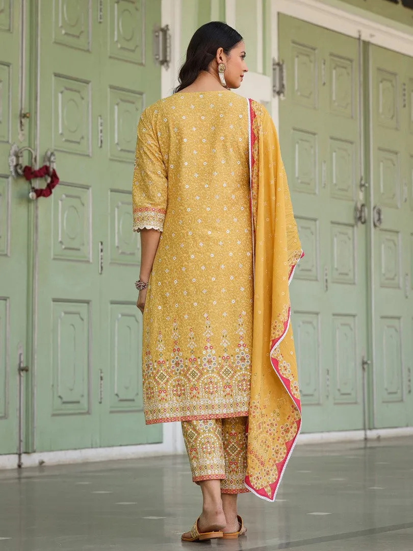 Women Mustard Cotton Cambric Printed Kurta, Pants & Dupatta Set