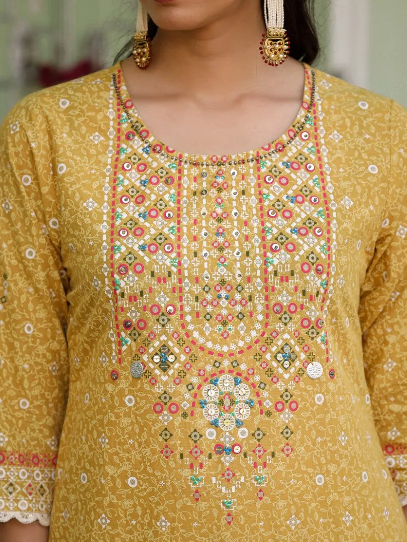 Women Mustard Cotton Cambric Printed Kurta, Pants & Dupatta Set