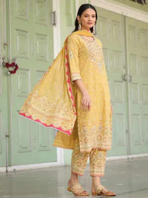 Women Mustard Cotton Cambric Printed Kurta, Pants & Dupatta Set