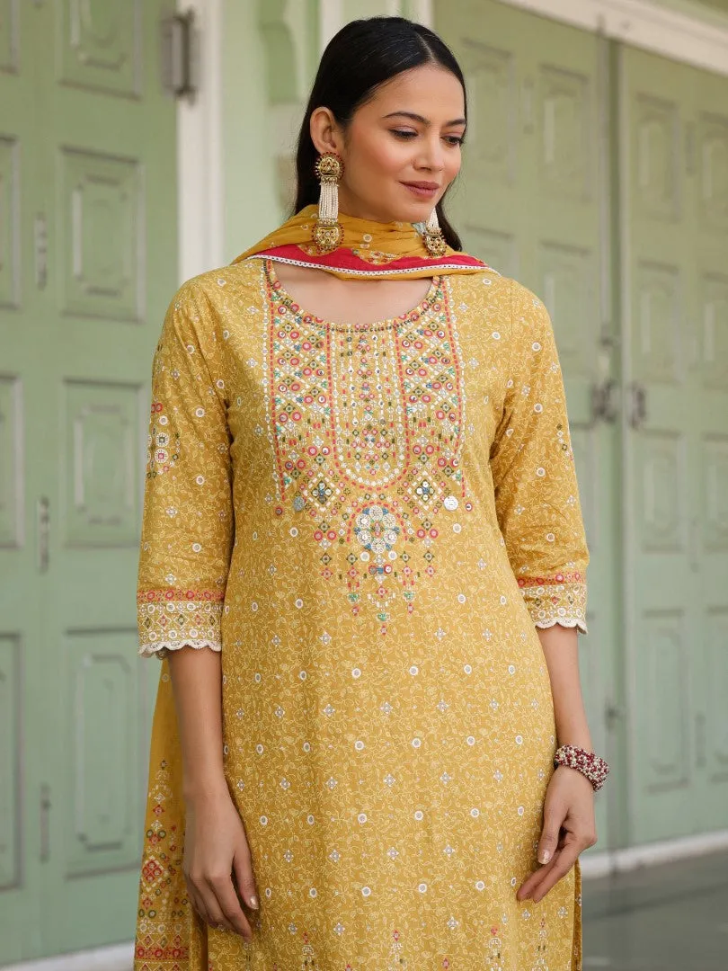 Women Mustard Cotton Cambric Printed Kurta, Pants & Dupatta Set
