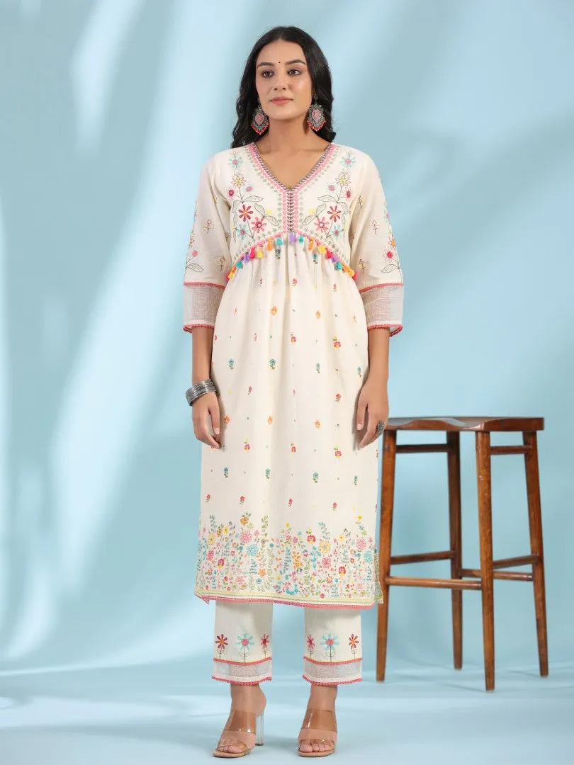 Women Off-White Cotton Cambric Floral Printed & Embroidered Alia Cut Kurta Set