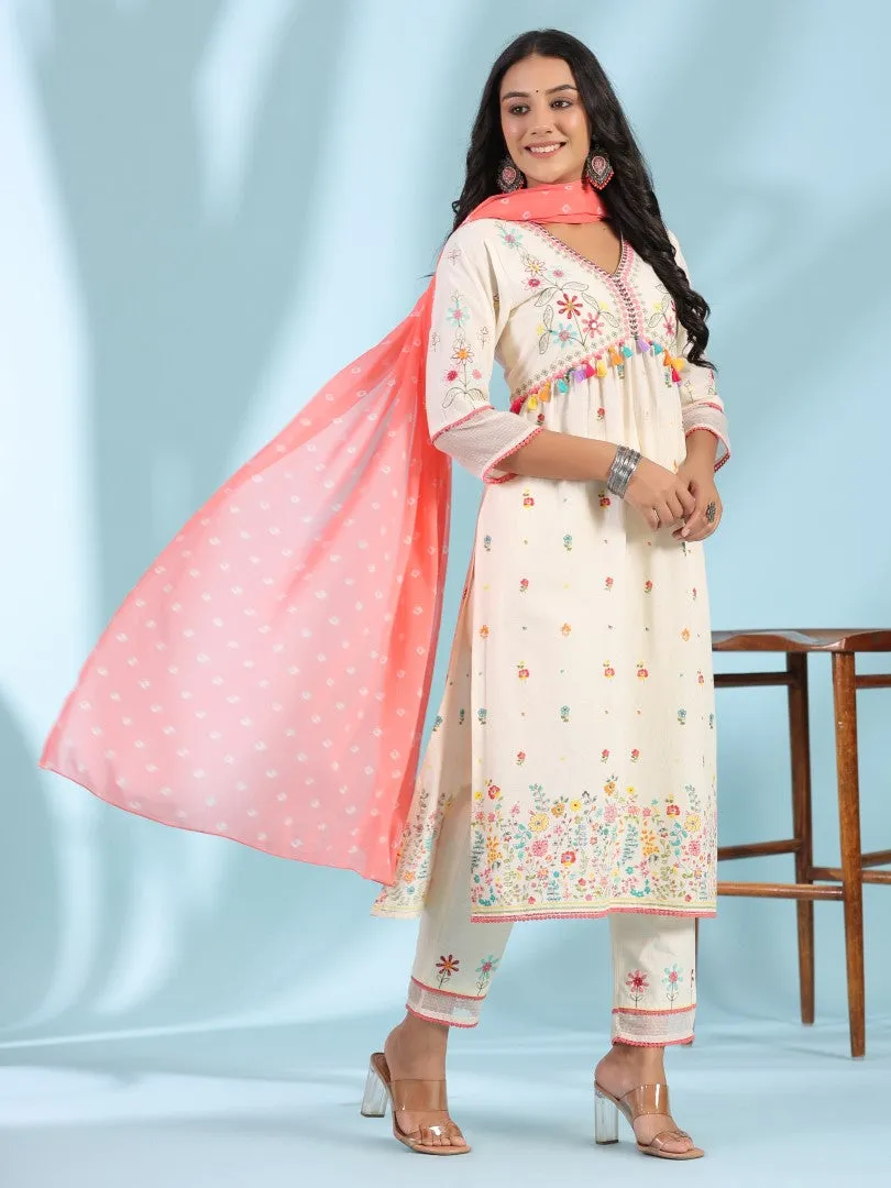 Women Off-White Cotton Cambric Floral Printed & Embroidered Alia Cut Kurta Set